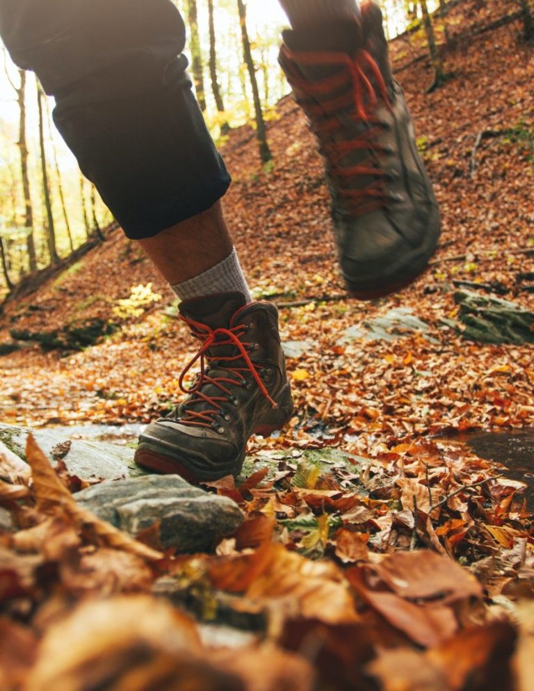 Wanderschuhe im herbstlichen Wald.